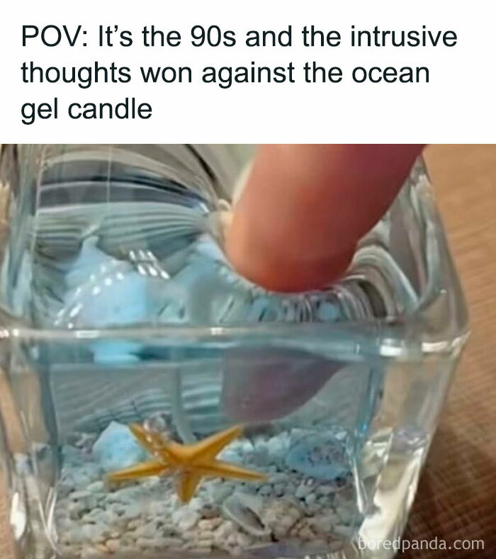 Finger pressing a 90s ocean gel candle with starfish and shells, evoking nostalgia for millennial childhood memories.