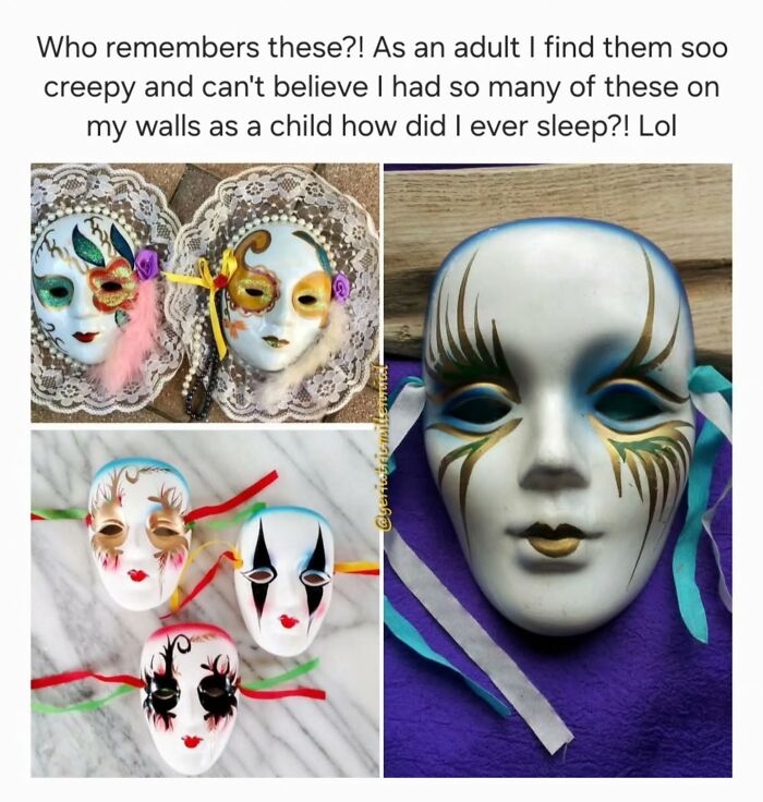Vintage decorative masks with colorful designs and ribbons, evoking childhood memories for millennials.