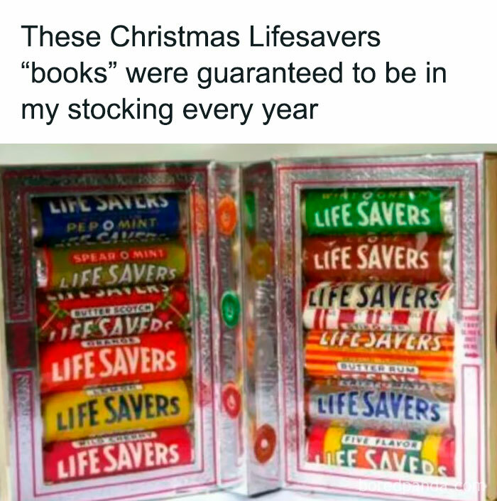 Colorful Life Savers candy rolls displayed as Christmas stocking treats, evoking millennial childhood nostalgia.