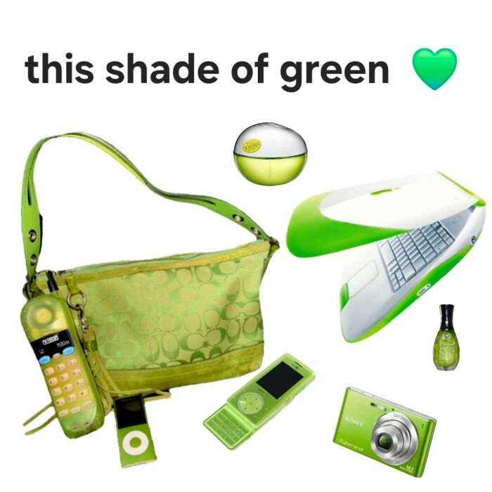 Green nostalgic millennial childhood items including a purse, iMac, phone, camera, and music player in matching green shade.