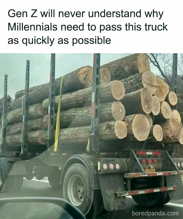 Truck carrying large logs on road with caption about Millennials rushing to pass it, evoking childhood nostalgia for millennials.
