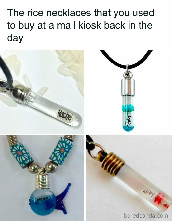 Rice necklaces with names in small glass tubes, a nostalgic millennial childhood accessory from mall kiosks.