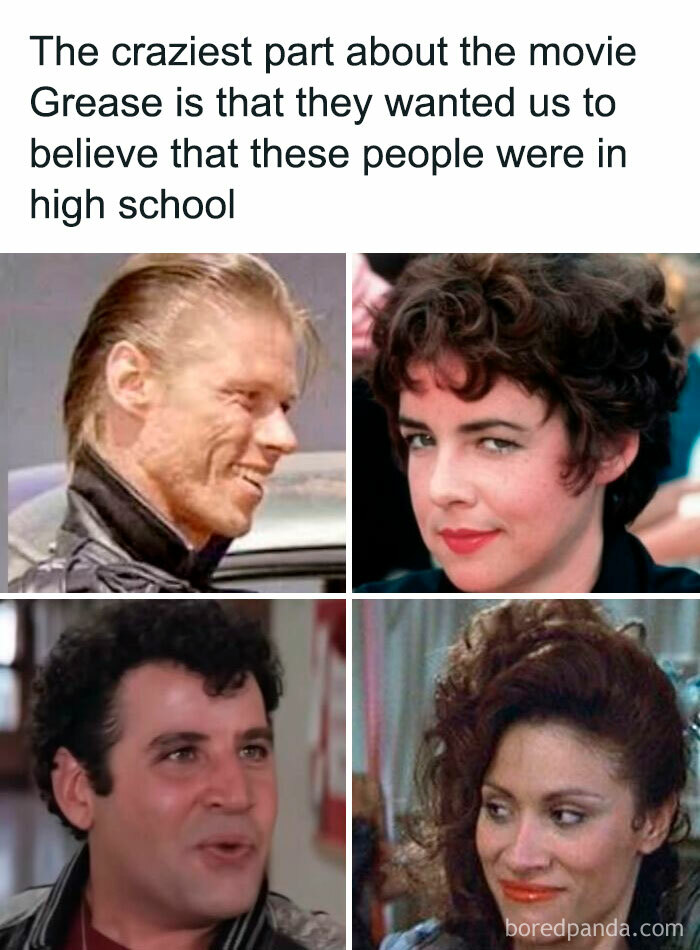 Four characters from the movie Grease shown in close-ups, highlighting nostalgia for millennials' childhood memories.