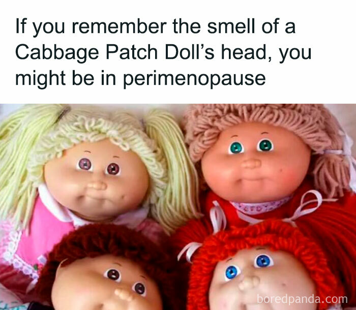 Four classic Cabbage Patch Kids dolls with colorful hair, evoking millennial childhood nostalgia.