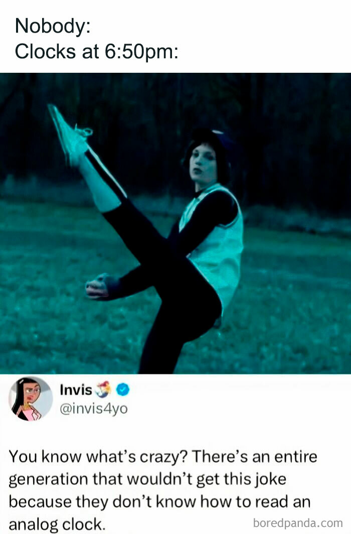 Millennials childhood meme referencing reading analog clocks and nostalgic jokes from the past.