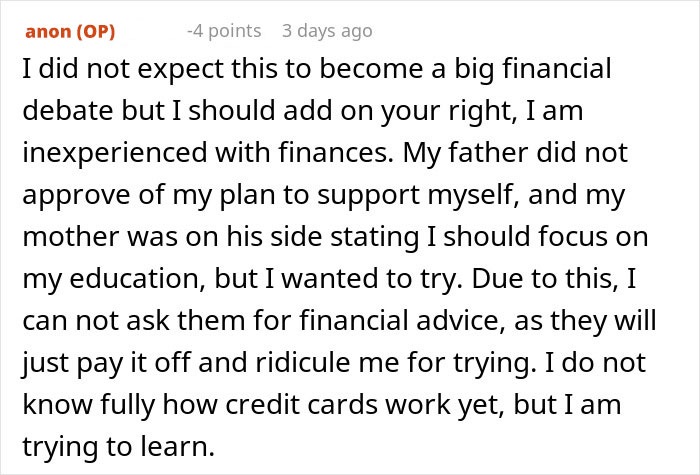 Screenshot of an online post where a woman admits growing up wealthy but struggling with finances and losing friends over privilege.