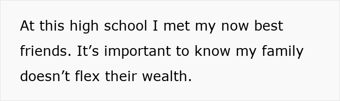 Text on a white background stating the importance of not flexing wealth when meeting friends at high school.