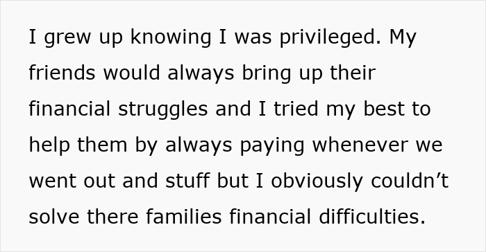 Text showing a woman reflecting on growing up privileged and struggling to understand friends' financial difficulties.
