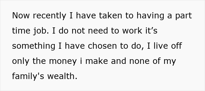Text excerpt highlighting a woman discussing her decision to work part-time despite wealthy family privilege.