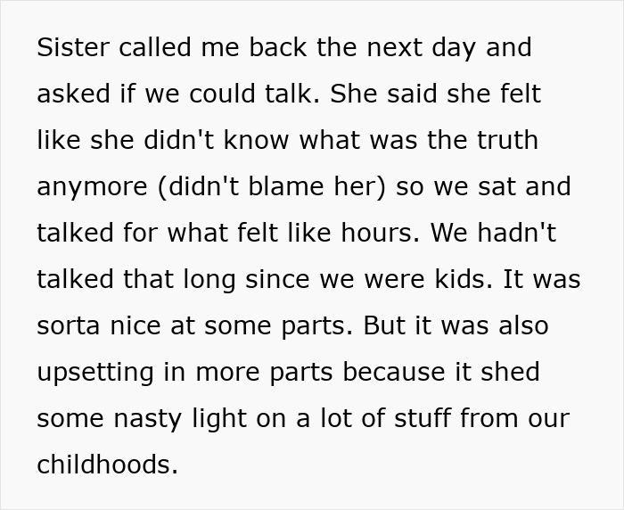 Text excerpt about bride and sibling talking for hours, reflecting on childhood in an emotional family wedding conflict. Text excerpt about bride and sibling talking for hours, reflecting on childhood in an emotional family wedding conflict.
