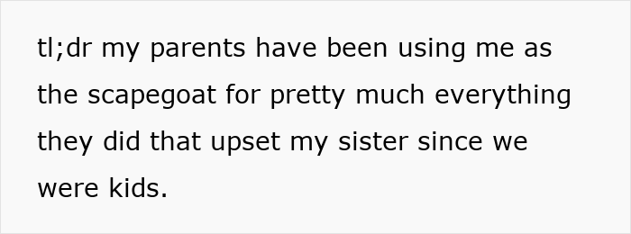 Text explaining a person feeling used as a scapegoat by their parents, upsetting their sister since childhood. Text explaining a person feeling used as a scapegoat by their parents, upsetting their sister since childhood.