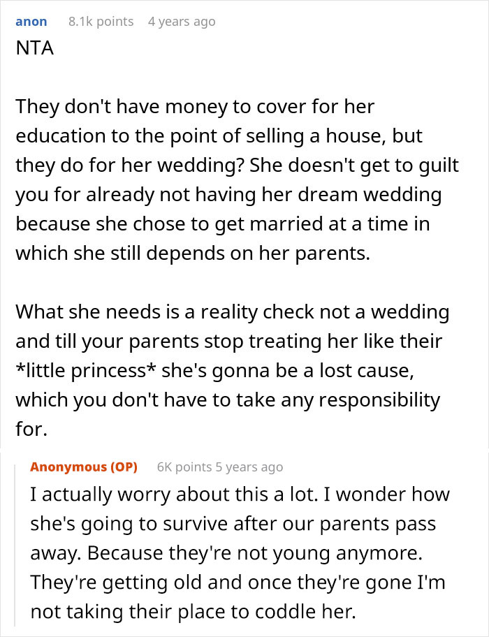 Screenshot of an online discussion about a bride expecting a honeymoon stay at sibling’s house and facing a harsh reality check. Screenshot of an online discussion about a bride expecting a honeymoon stay at sibling’s house and facing a harsh reality check.