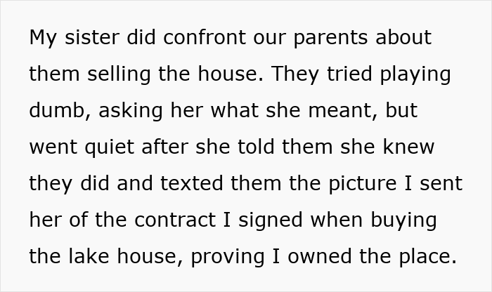 Text excerpt about a bride confronting parents over sibling’s house and contract proving ownership of lake house. Text excerpt about a bride confronting parents over sibling’s house and contract proving ownership of lake house.