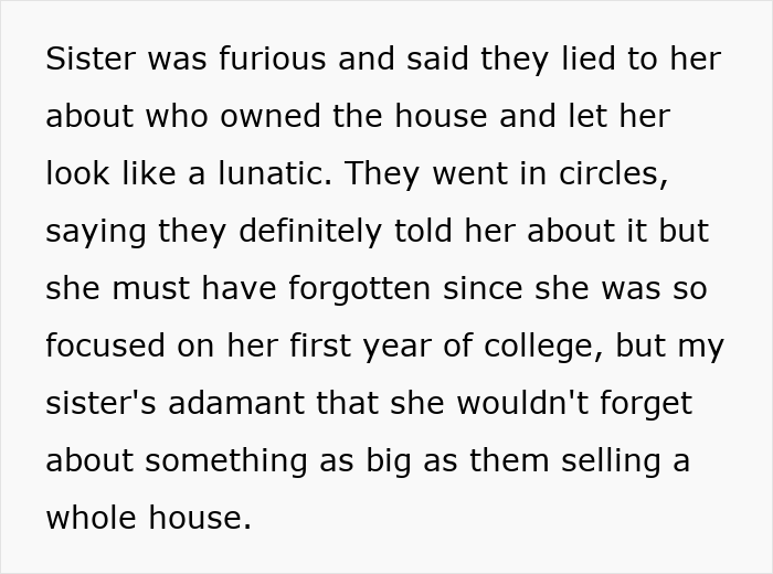 Text excerpt showing a conflict over ownership of a house amid a sibling’s wedding and honeymoon expectations. Text excerpt showing a conflict over ownership of a house amid a sibling’s wedding and honeymoon expectations.