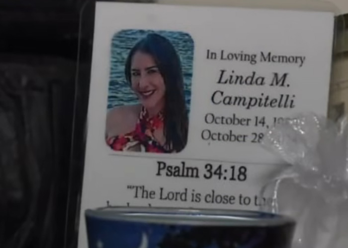 Memorial card for nurse Linda M. Campitelli with photo and Psalm 34 18 after chilling final text revealed amid slaying case.