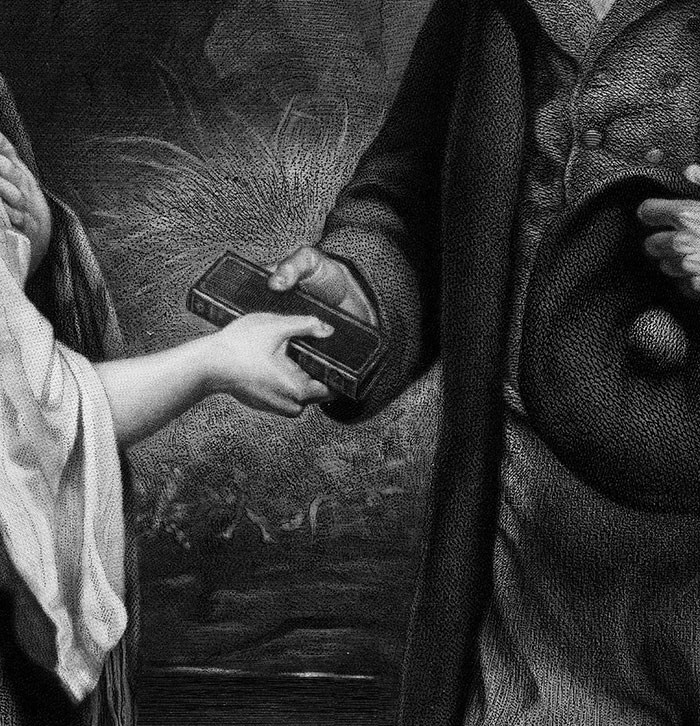Black and white close-up of King Henry VIII portrait detail showing hands exchanging a mysterious rectangular object.