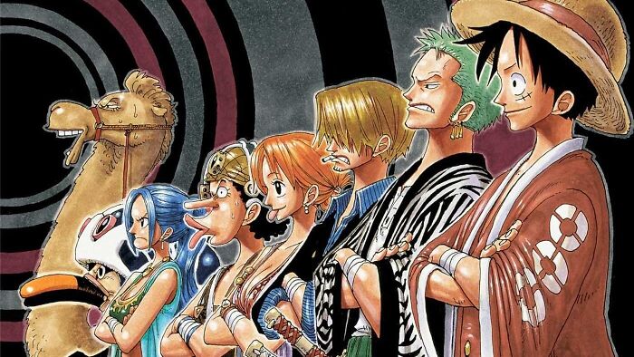 Main One Piece characters lined up in anime style, showcasing where to continue the One Piece anime and manga after Season 2.