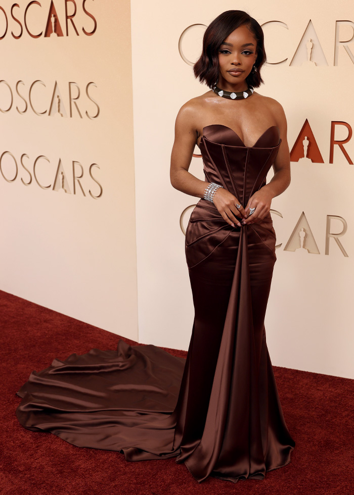Elegant woman wearing a brown satin gown on the red carpet showcasing jaw-dropping outfits Oscars 2026.