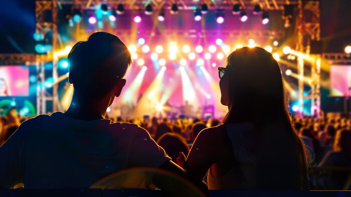 Two people watching a colorful live concert with vibrant lights, capturing a savage moment people have witnessed.
