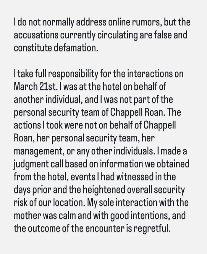 Statement from security guard at the center of Chappell Roan debacle addressing false accusations and security interactions.