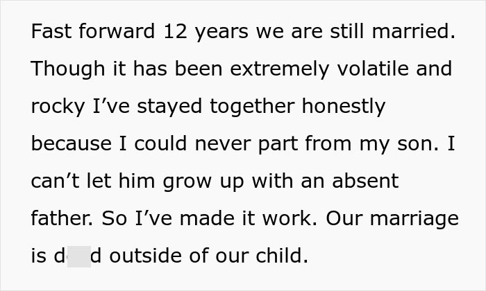Text on a white background about a volatile marriage and a dad staying with his son amid paternity doubts after meeting an old friend.