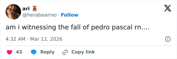 Screenshot of a tweet criticizing Pedro Pascal amid rumors and fan backlash over his rumored boyfriend controversy.