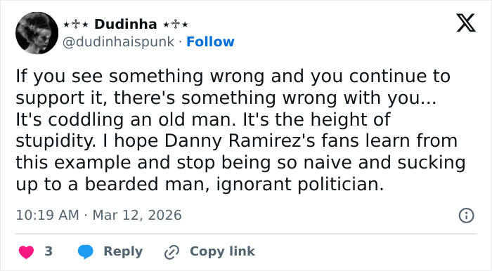 Tweet criticizing support for an old man amidst controversy, related to Pedro Pascal blocking fans over rumored boyfriend.