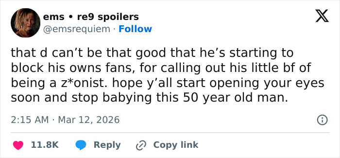 Tweet criticizing Pedro Pascal for blocking fans after they call out his rumored boyfriend, highlighting controversy and fan backlash.