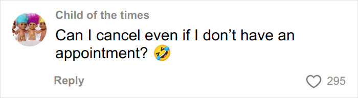 Comment on social media post mocking woman's before-and-after cosmetic procedure, featuring laughing emoji and 295 likes.