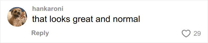 Comment on social media post saying that a cosmetic procedure looks great and normal, sparking reactions and mockery online.