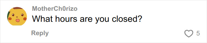 Comment on social media post with profile image of a surprised yellow cartoon face asking about business hours.