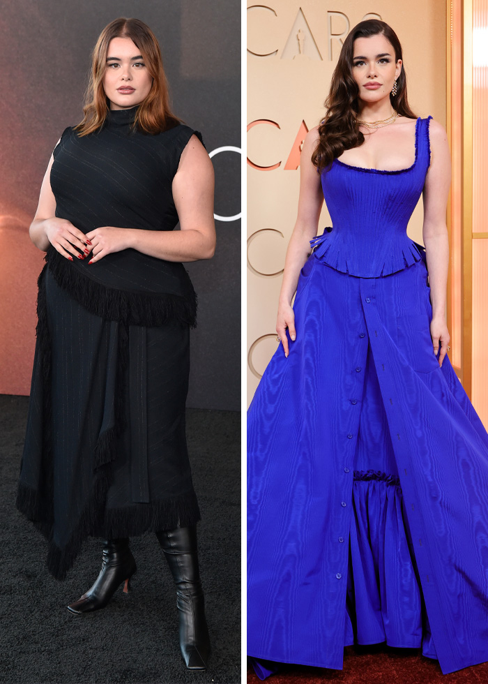 Maude Apatow wearing black and blue dresses at events, with people noticing disturbing detail in photos at Oscars party.