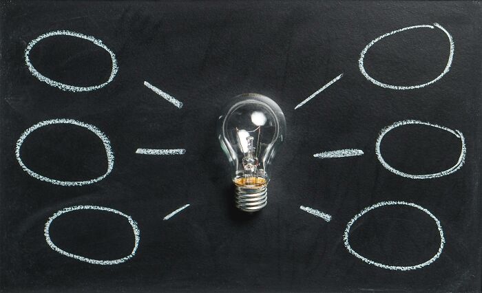 Light bulb in center of chalkboard with blank ovals representing general knowledge questions and trivia night ideas.