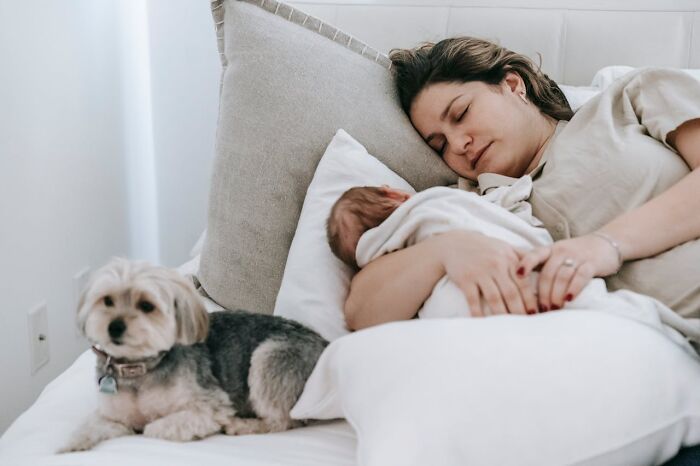 Woman resting with baby and dog on bed, symbolizing forgiveness and healing after cheating spouse issues.
