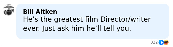 Comment praising Quentin Tarantino as the greatest film director and writer in a social media post.