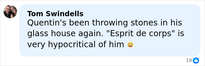 Comment from Tom Swindells discussing Quentin Tarantino&rsquo;s hypocritical behavior in a social media post.