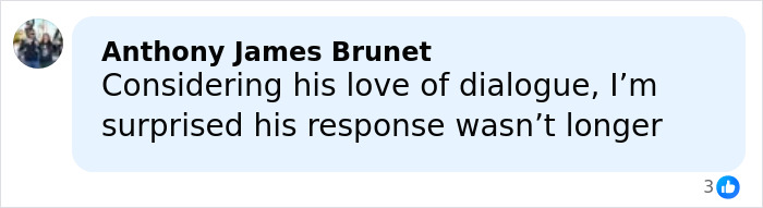 Comment from Anthony James Brunet on social media, reacting to Quentin Tarantino&rsquo;s scathing response to Rosanna Arquette.