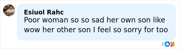 Comment expressing sadness about a woman whose son took her hostage and caused her death, with 2 reactions.