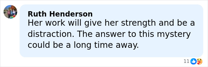 Comment from Ruth Henderson discussing strength and distraction amid a mystery related to Savannah Guthrie's return to Today Show.
