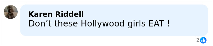 Facebook comment by Karen Riddell expressing concern about Hollywood girls&rsquo; eating habits amid spreading Hollywood trend.