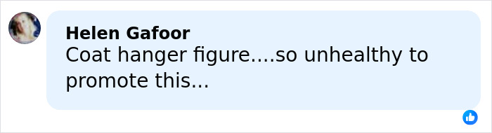 Comment on social media by Helen Gafoor expressing concern over unhealthy Hollywood trend promoting coat hanger figure.