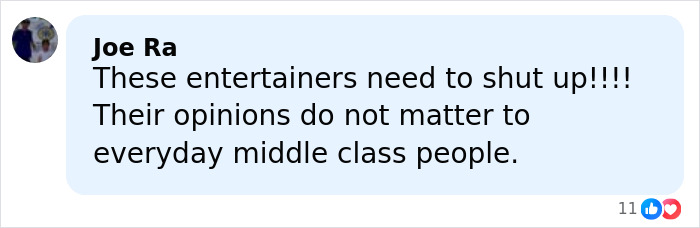 Comment from Joe Ra criticizing entertainers' opinions, highlighting public backlash in White House and diversity discussions.
