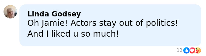 Comment by Linda Godsey reacting to Jamie Lee Curtis, discussing actors and politics in a social media post on diversity.
