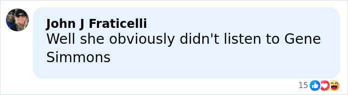 Comment by John J Fraticelli disagreeing with Jamie Lee Curtis, referencing Gene Simmons in a social media post.
