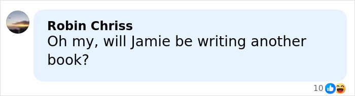 Comment by Robin Chriss questioning if Jamie will write another book, shown in a social media style text box with reaction icons.