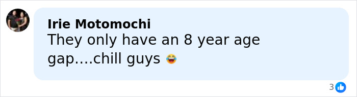 Comment by Irie Motomochi discussing an eight year age gap with a laughing emoji in a social media post.