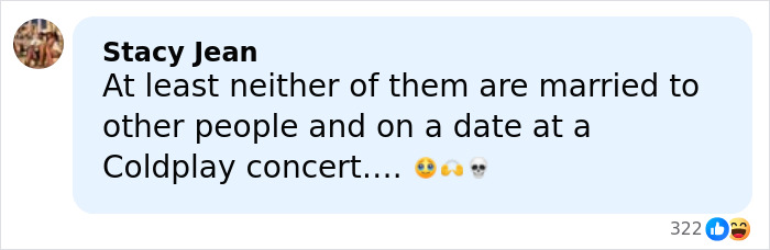 Comment from Stacy Jean about a date at a Coldplay concert with reactions including like, laugh, and wow emojis.