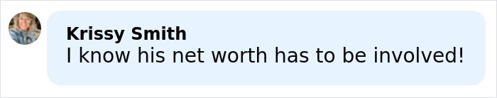 User comment from Krissy Smith saying she believes his net worth is involved, displayed in a chat bubble on a light background.