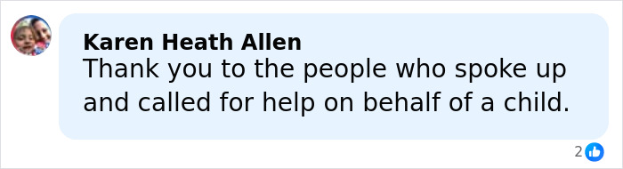 Facebook comment from Karen Heath Allen thanking people for speaking up and calling for help on behalf of a child at a festival crowd incident.