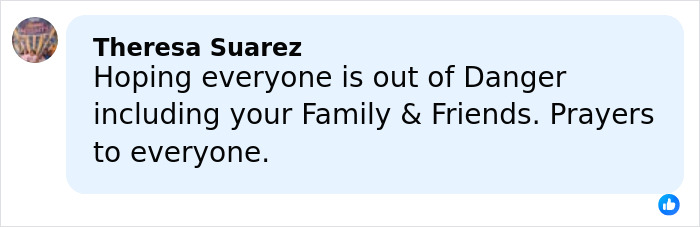 Comment from Theresa Suarez expressing hope for safety of families and friends during historic Hawaii floods and evacuations.